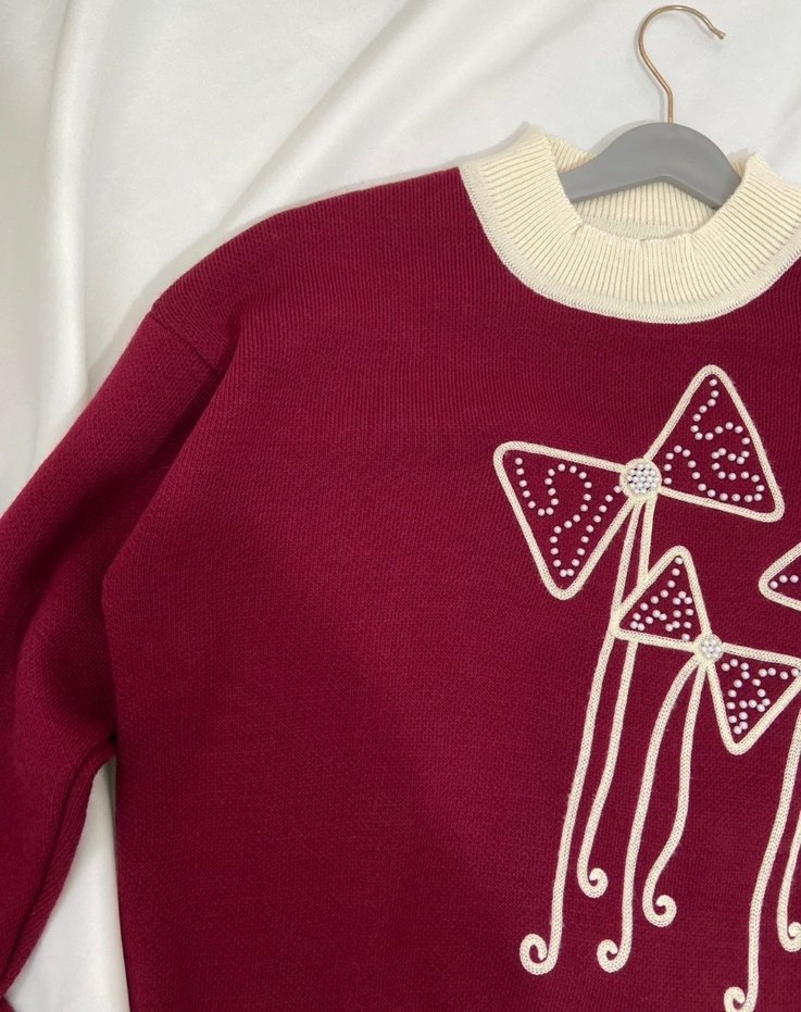 Bordo Nakışlı Kadın Triko Kazak - Görsel 2