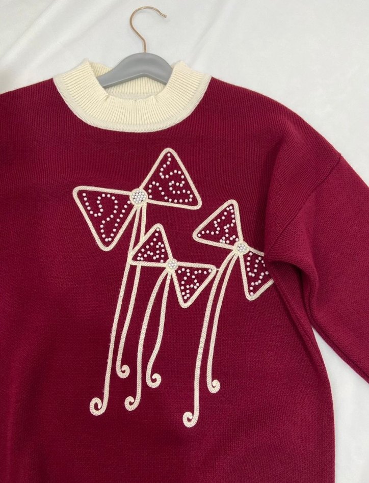 Bordo Nakışlı Kadın Triko Kazak - Görsel 3