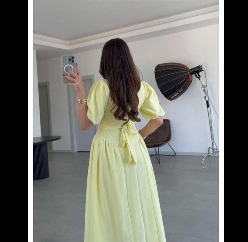 Sarı Midi Elbise, Kısa Kollu, Salaş Kesim - Görsel 4