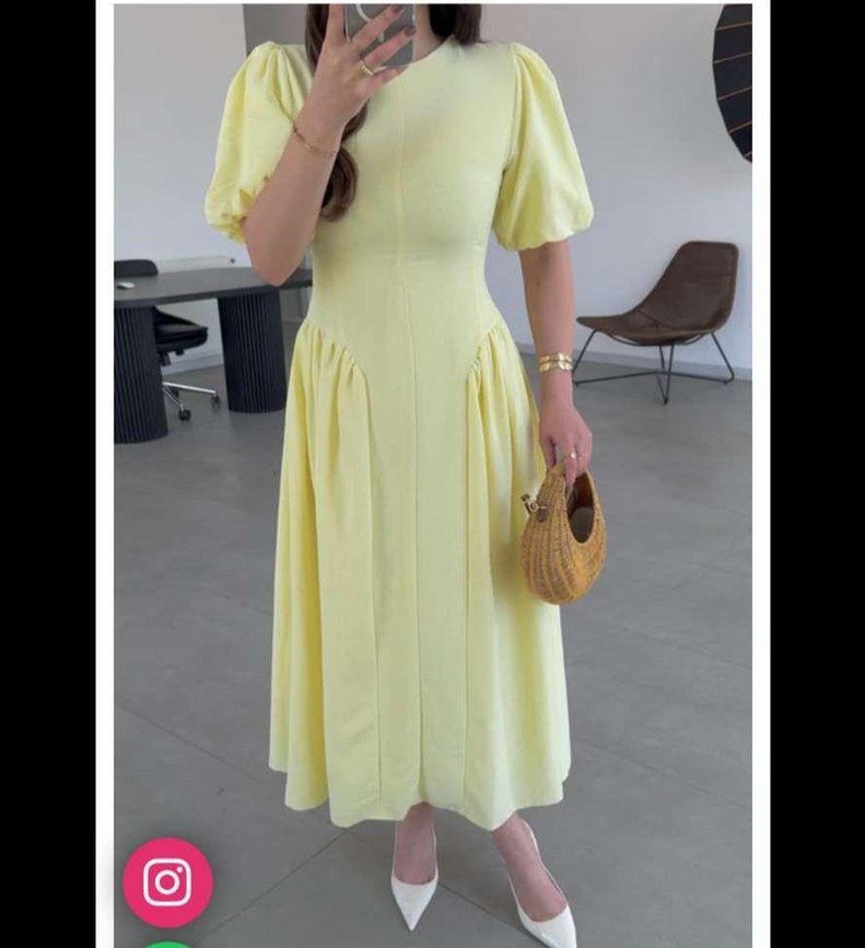 Sarı Midi Elbise, Kısa Kollu, Salaş Kesim - Görsel 3