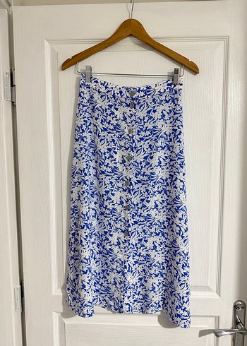 Mavi Çiçek Desenli Düğmeli Midi Etek - Görsel 8