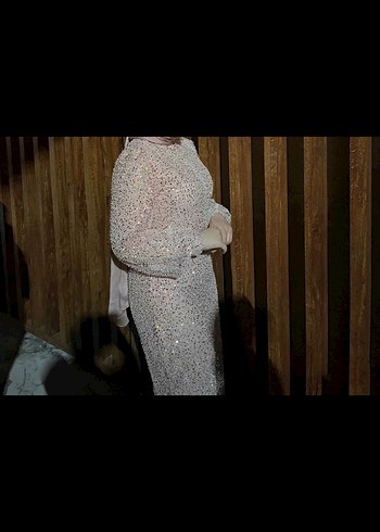 xl Beden pembe Renk Pembe Uzun Kollu İşlemeli Abiye Elbise