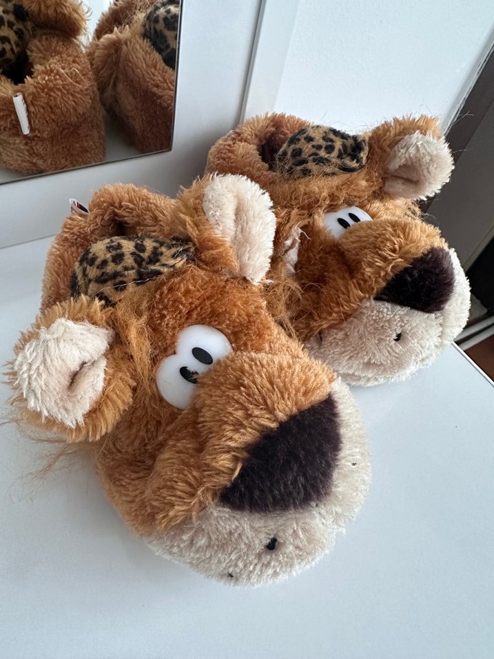 Kahverengi Leopar Desenli Peluş Erkek Ev Terliği - Görsel 2