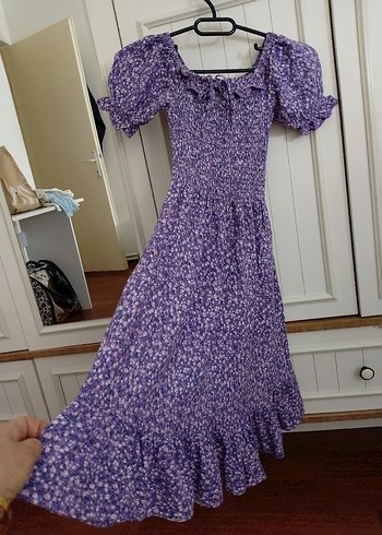 She Bohem Stil Mor Fırfırlı Elbise