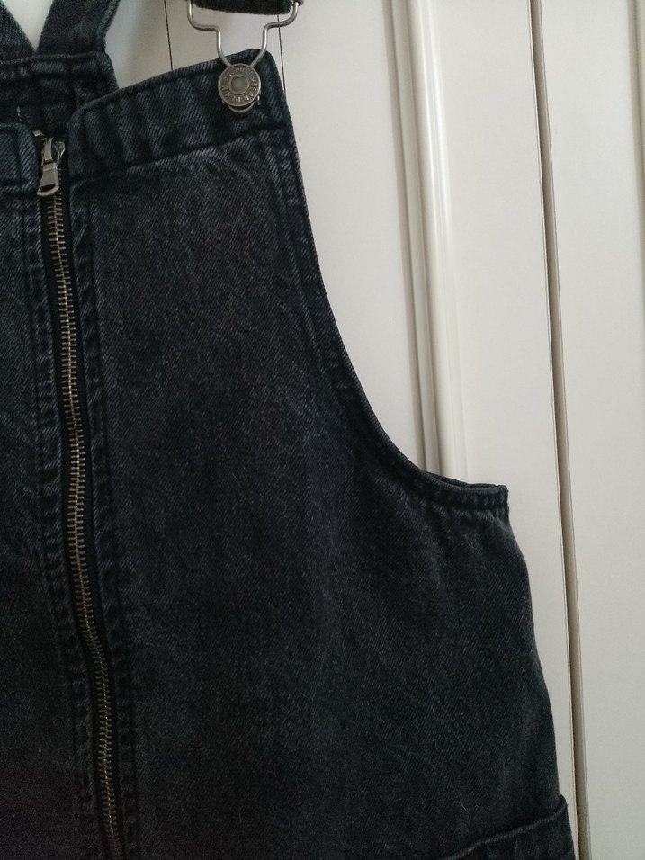 Kadın Siyah Denim Askılı Midi Salopet - Görsel 5