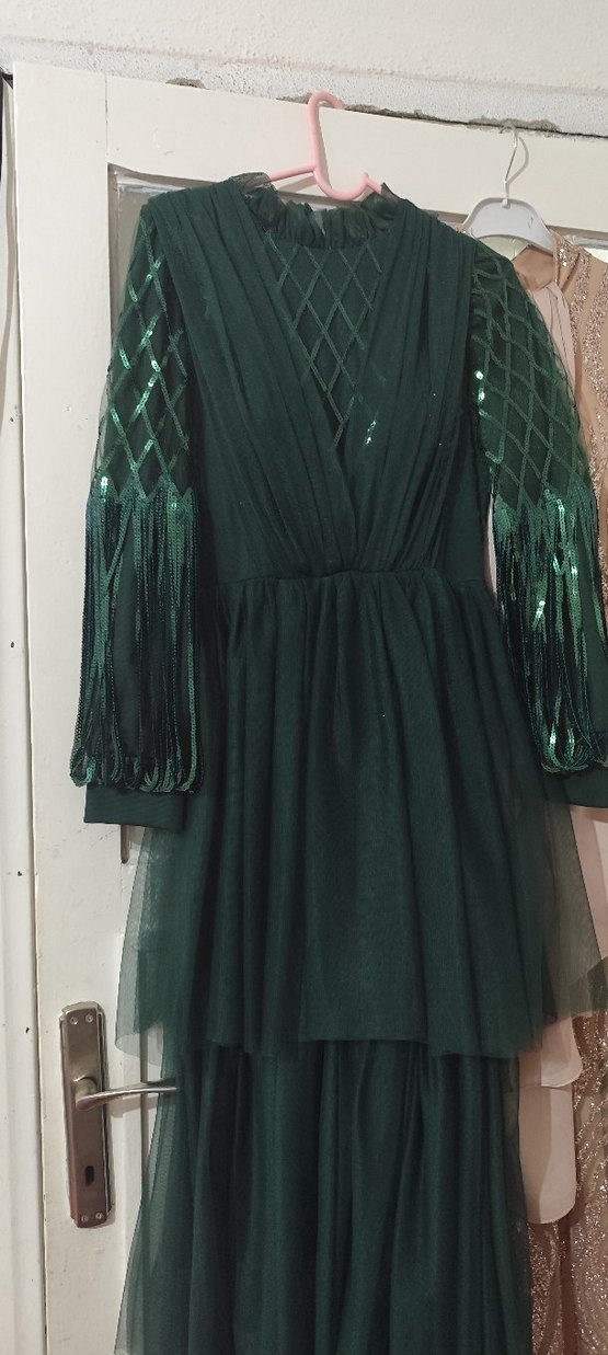 Yeşil Uzun Kollu Drapeli Kadın Abiye Elbise - Görsel 2