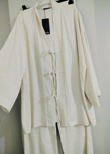 xl Beden Beyaz Uzun Keten Kadın Kimono