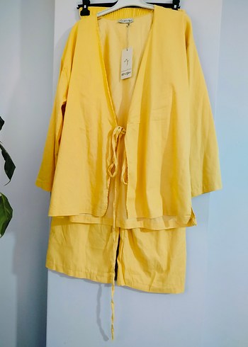 Sarı Keten Mini Kadın Kimono
