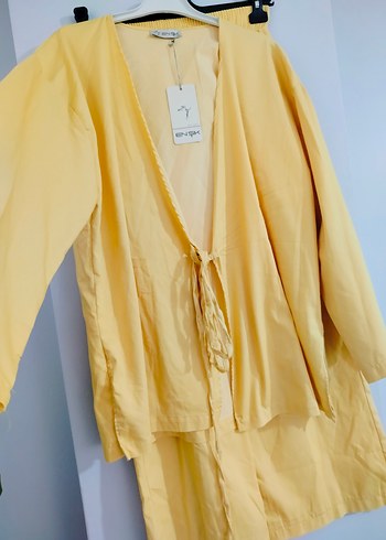 Diğer Sarı Keten Mini Kadın Kimono
