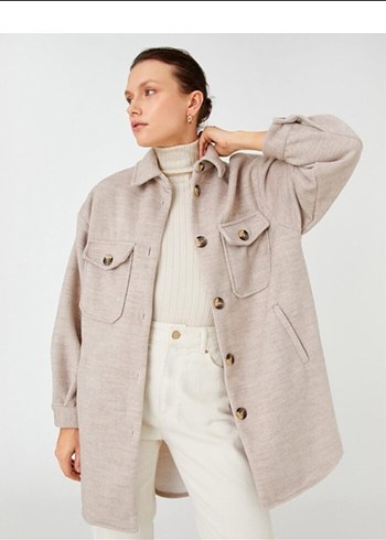 Gri Kısa Düğmeli Yün Kadın Kaban - Görsel 6