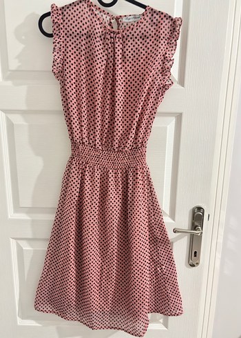Puantiyeli Pembe Midi Bohem Elbise