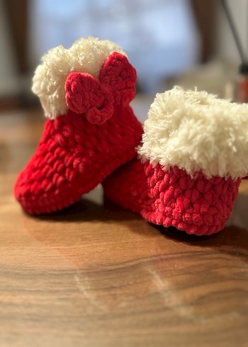 Kız Çocuk Kırmızı Örgü Sıcak Ev Terliği - Görsel 2