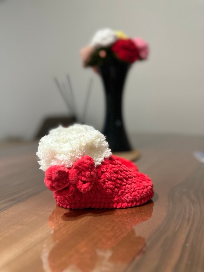 Kız Çocuk Kırmızı Örgü Sıcak Ev Terliği - Görsel 5