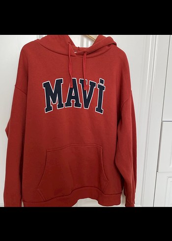 Kiremit Kapüşonlu Mavi Baskılı Sweatshirt