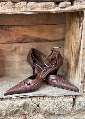 Kahverengi Vintage Deri Stiletto - Görsel 2