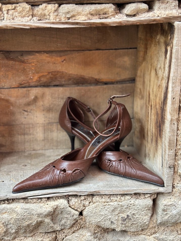 Kahverengi Vintage Deri Stiletto - Görsel 2