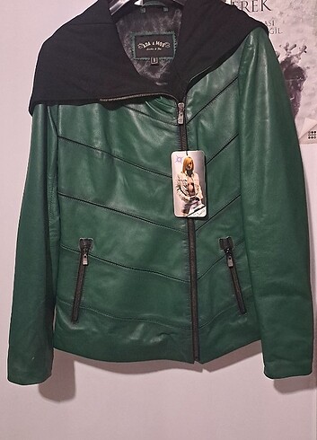 Adamod Leather Yeşil Karartma İşlemeli Bayan Deri Mont.