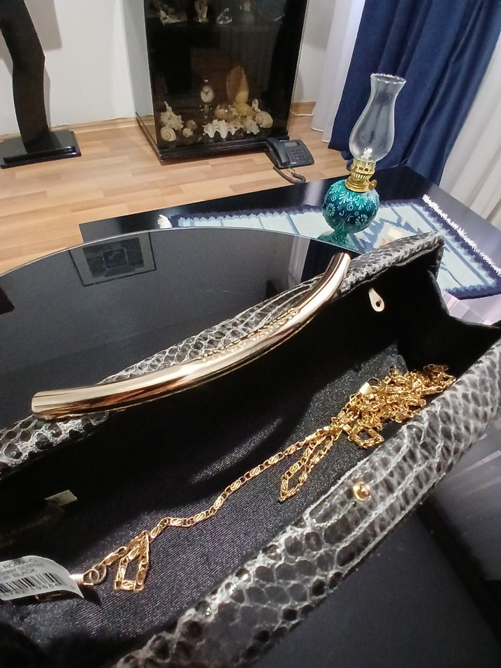 Gri Yılan Derisi Desenli Deri Kadın Clutch - Görsel 5