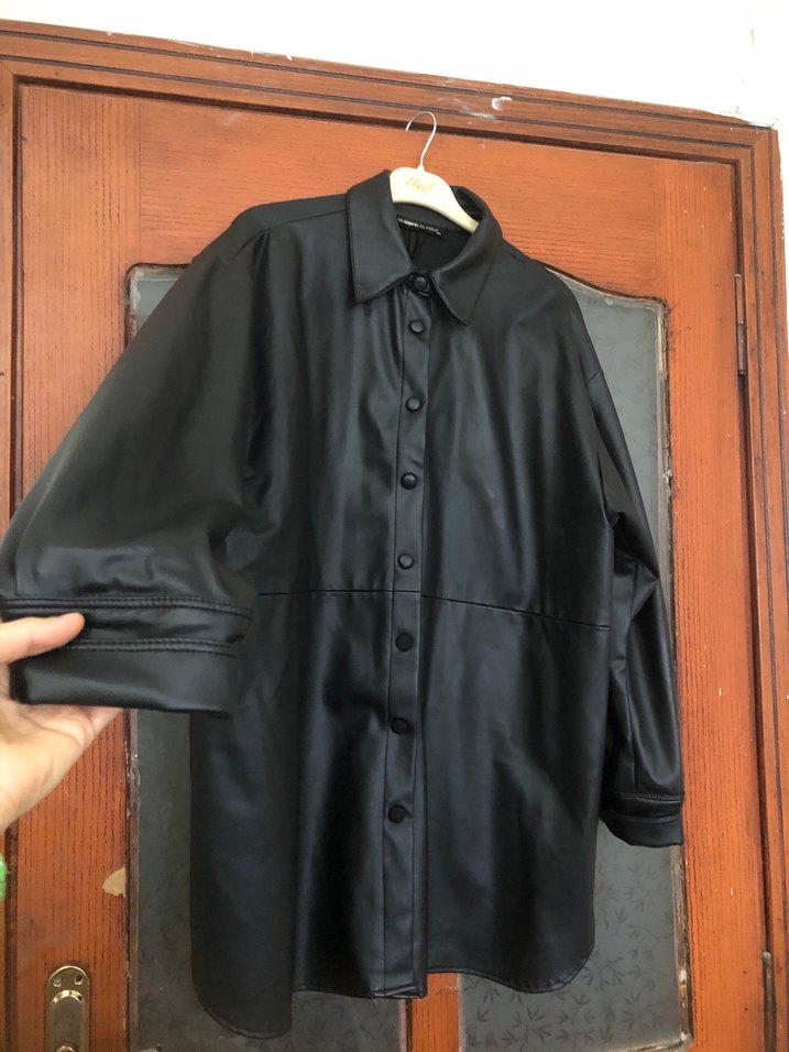 Düğmeli Siyah Deri Kadın Ceket - Görsel 2