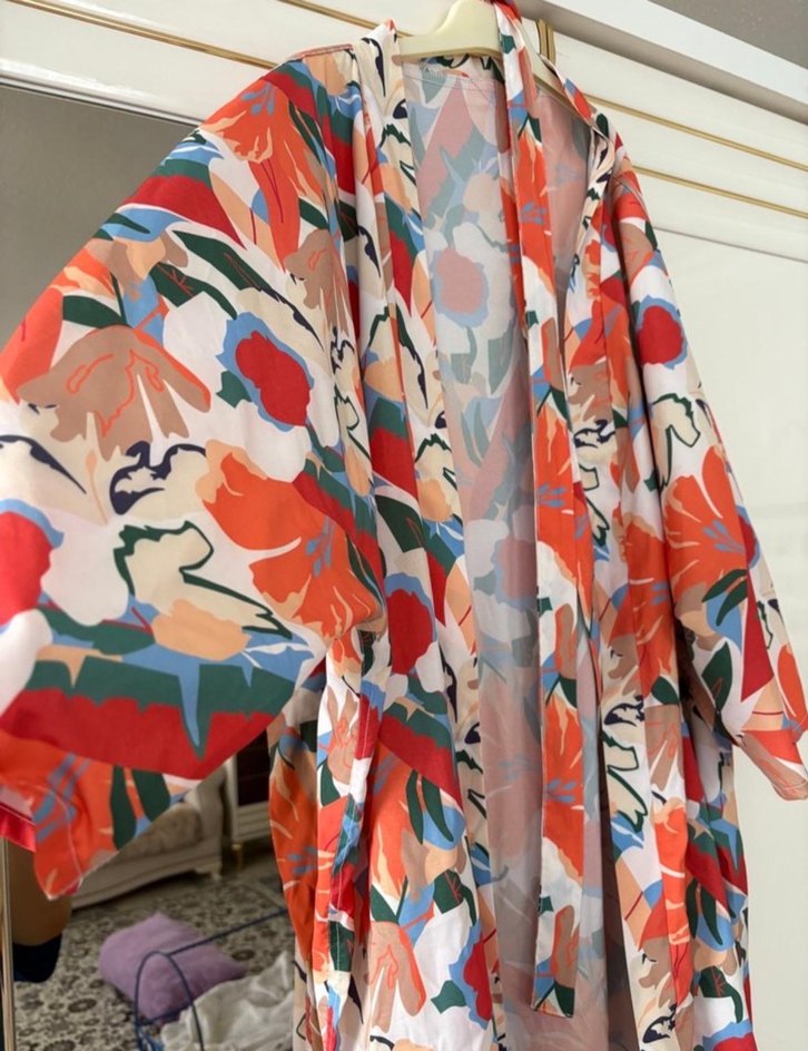 Bohem Çok Renkli Uzun Kimono V Yaka - Görsel 4