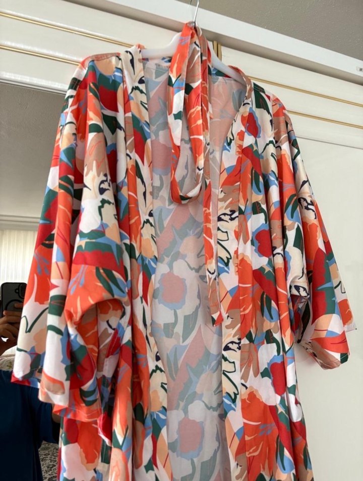 Bohem Çok Renkli Uzun Kimono V Yaka - Görsel 2