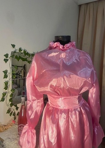 Pembe Uzun Strappy Yaka Drapeli Kadın Elbise - Görsel 3