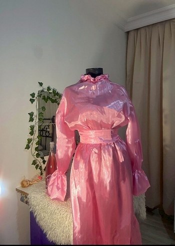 Pembe Uzun Strappy Yaka Drapeli Kadın Elbise - Görsel 2