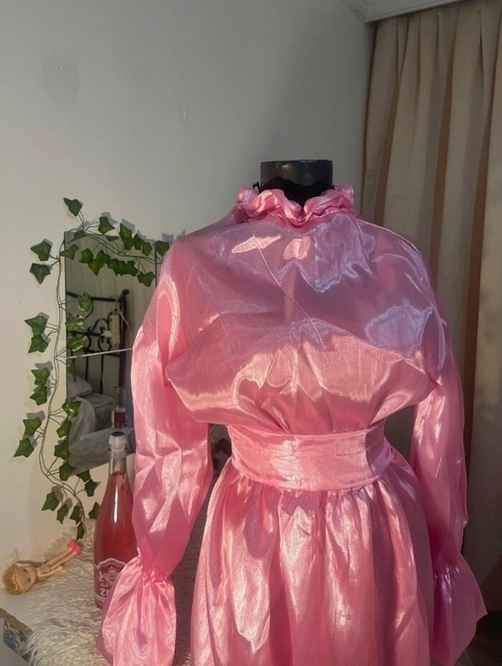 Pembe Uzun Strappy Yaka Drapeli Kadın Elbise - Görsel 3