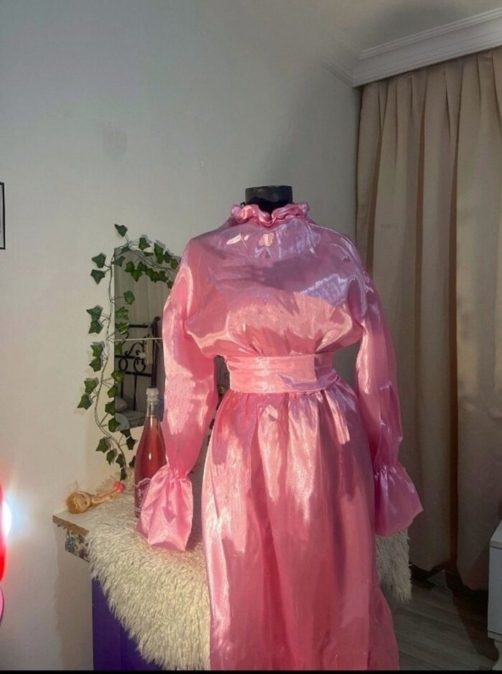 Pembe Uzun Strappy Yaka Drapeli Kadın Elbise - Görsel 2