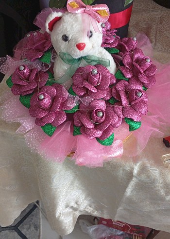 Pembe Işıklı Peluş Ayıcık ve Çiçekler - Görsel 2