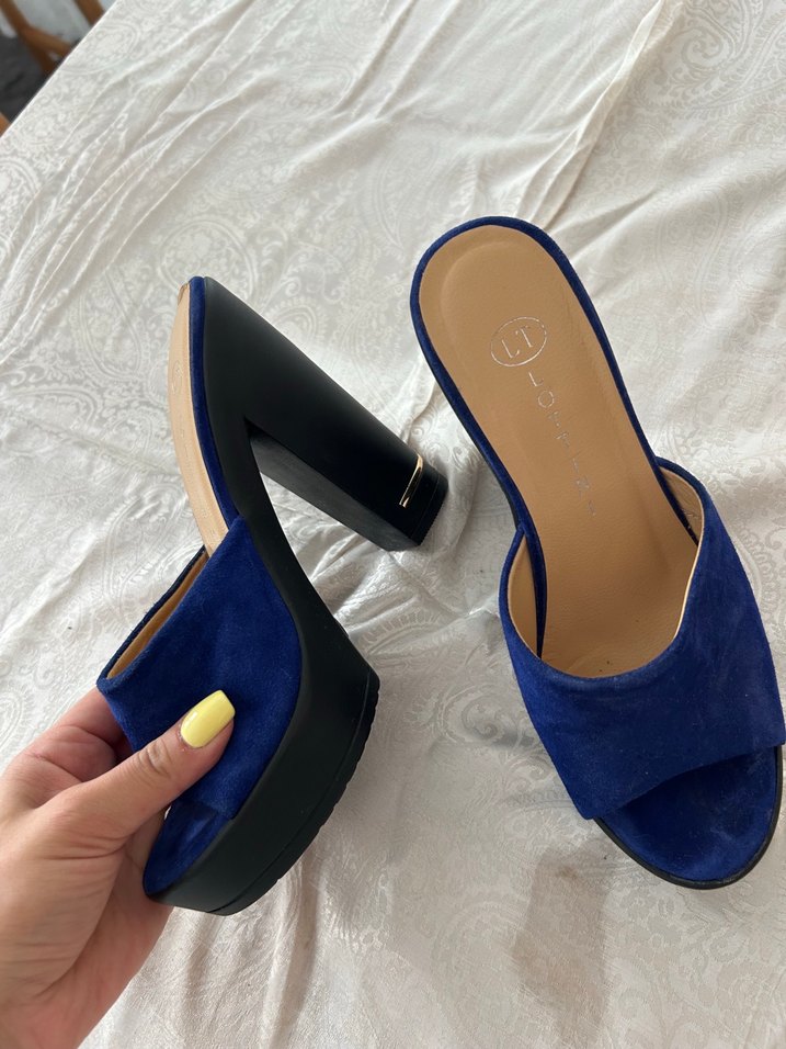 Mavi Süet Platform Topuklu Kadın Terlik - Görsel 4