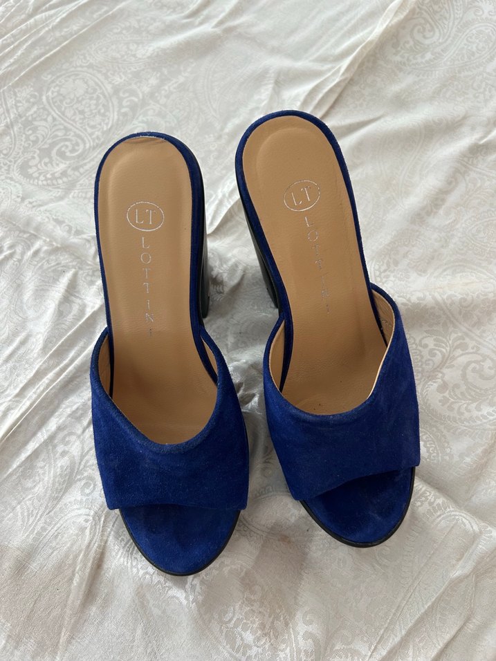 Mavi Süet Platform Topuklu Kadın Terlik - Görsel 5