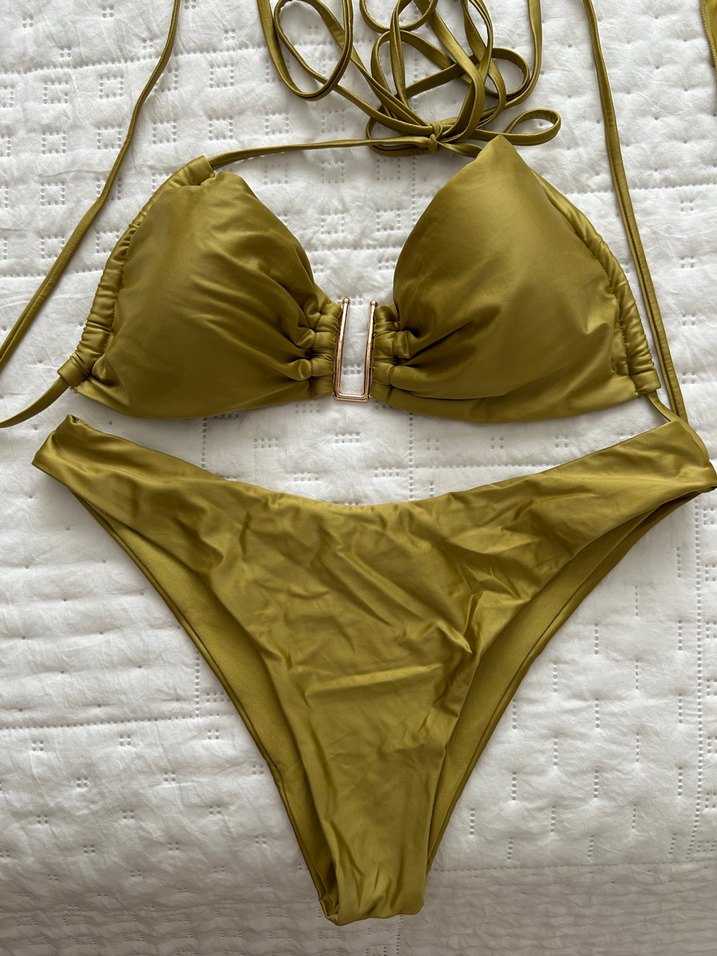 Parlak Haki Uzun Drapeli Bikini Takımı - Görsel 2