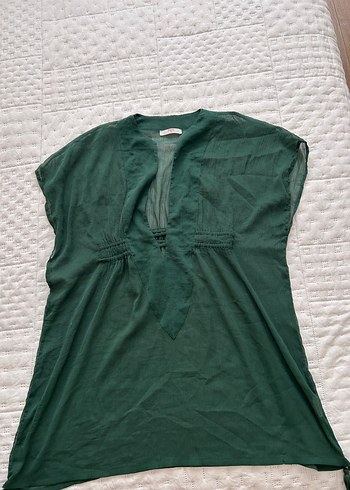 V Yaka Kolsuz Yeşil Keten Hamile Tunik - Görsel 3