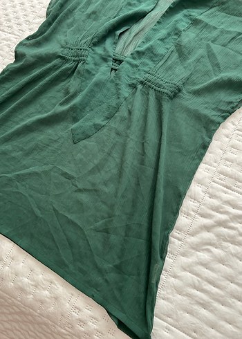 V Yaka Kolsuz Yeşil Keten Hamile Tunik - Görsel 4