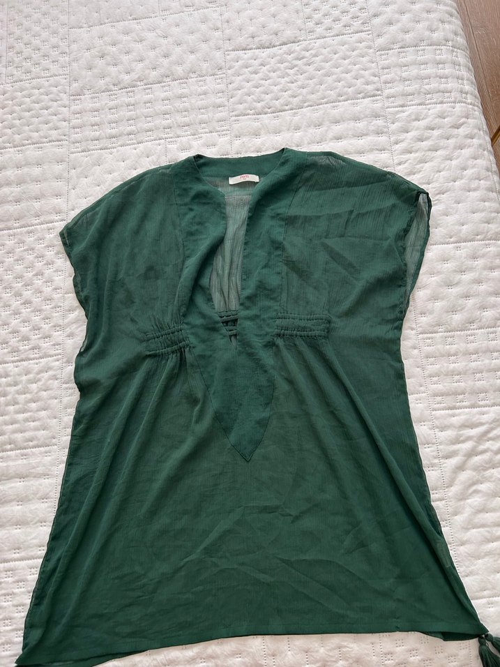 V Yaka Kolsuz Yeşil Keten Hamile Tunik - Görsel 3