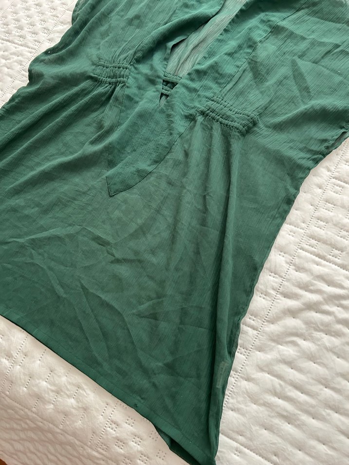 V Yaka Kolsuz Yeşil Keten Hamile Tunik - Görsel 4