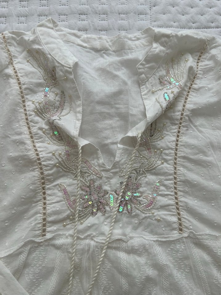 Dantel Detaylı Beyaz Bohem Hamile Tunik - Görsel 4