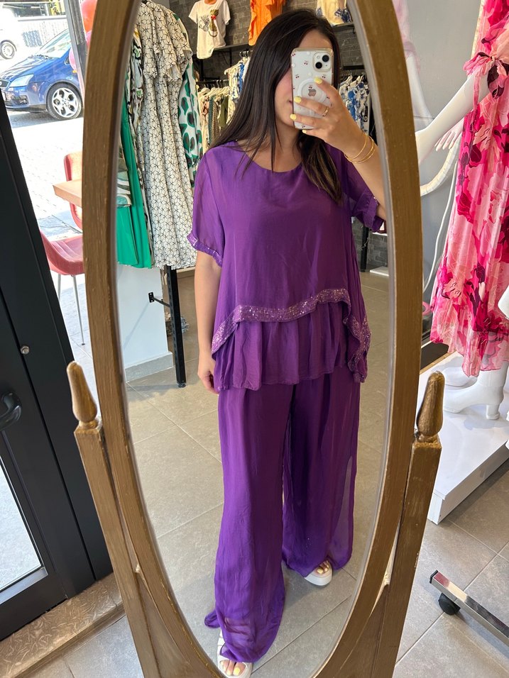 Dantel Detaylı Mor Bohem Tunik ve alt pantolon - Görsel 4