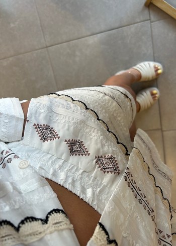 Düğmeli İşlemeli Bohem Mini Gömlek ve şort takımı - Görsel 3