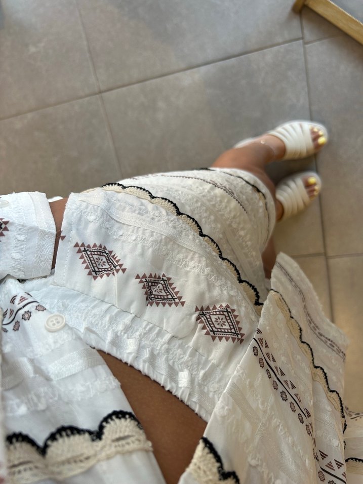 Düğmeli İşlemeli Bohem Mini Gömlek ve şort takımı - Görsel 3