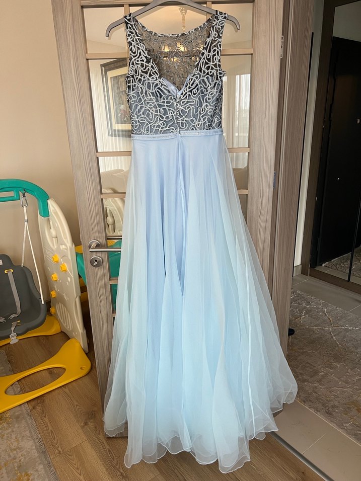 Dantel Detaylı Uzun Mavi Abiye Elbise - Görsel 2