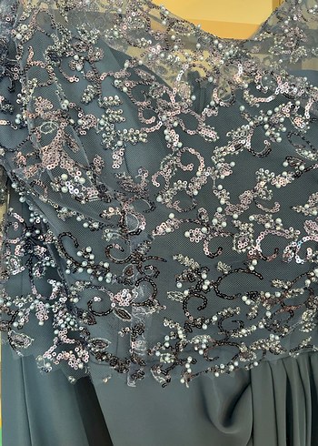 Mavi Drapeli Kısa Kollu Uzun Abiye Elbise - Görsel 7