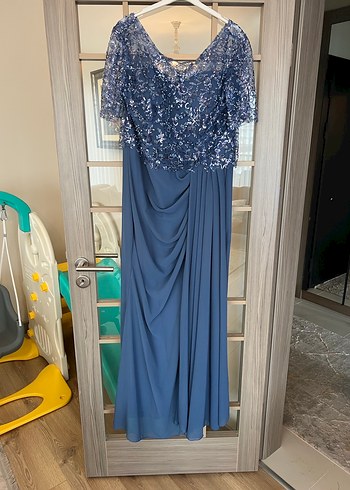 Mavi Drapeli Kısa Kollu Uzun Abiye Elbise - Görsel 3