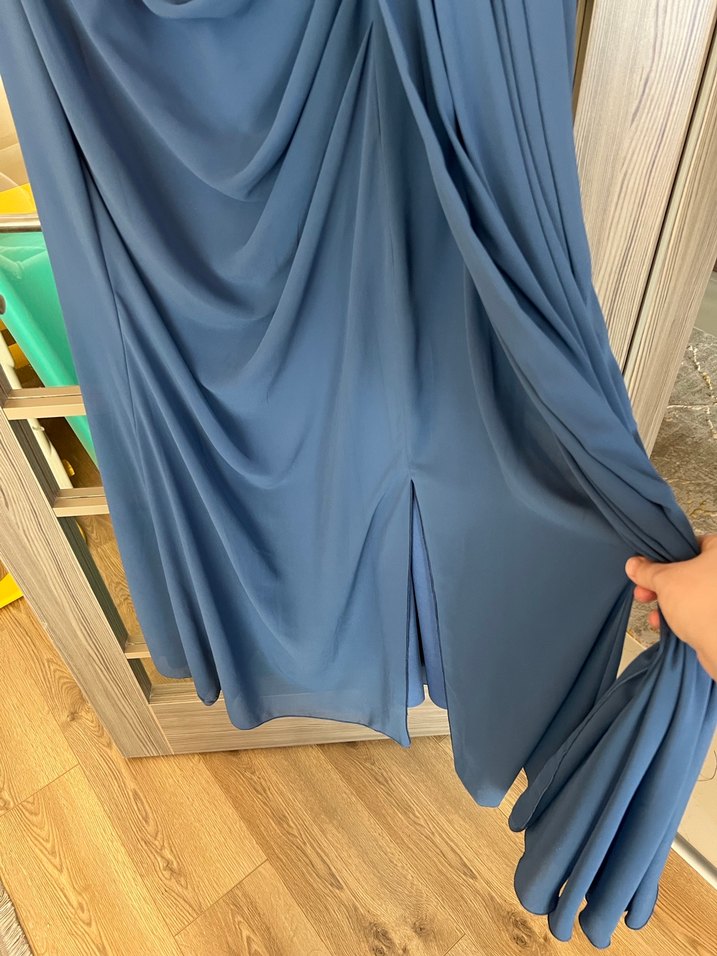 Mavi Drapeli Kısa Kollu Uzun Abiye Elbise - Görsel 4