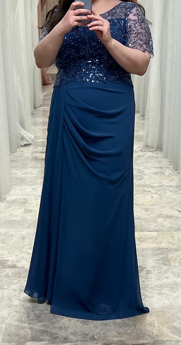 Mavi Drapeli Kısa Kollu Uzun Abiye Elbise - Görsel 2