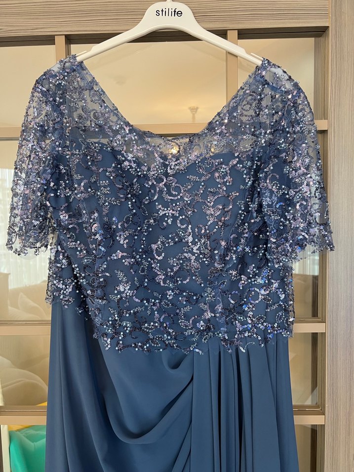 Mavi Drapeli Kısa Kollu Uzun Abiye Elbise - Görsel 5