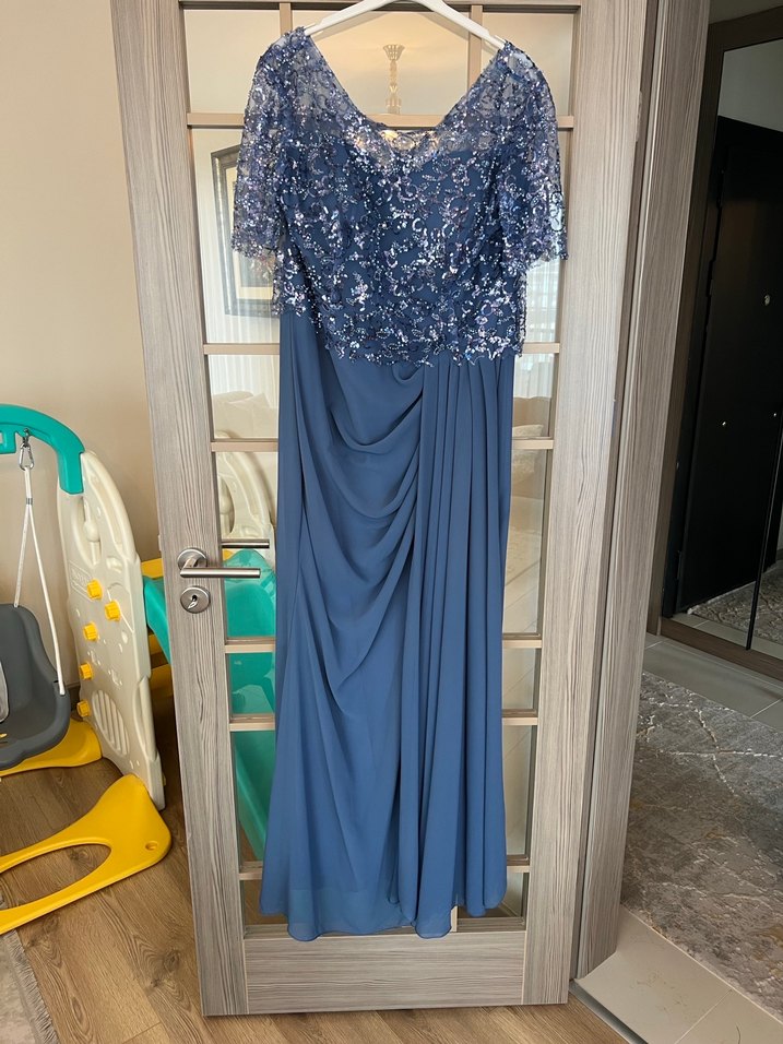 Mavi Drapeli Kısa Kollu Uzun Abiye Elbise - Görsel 3