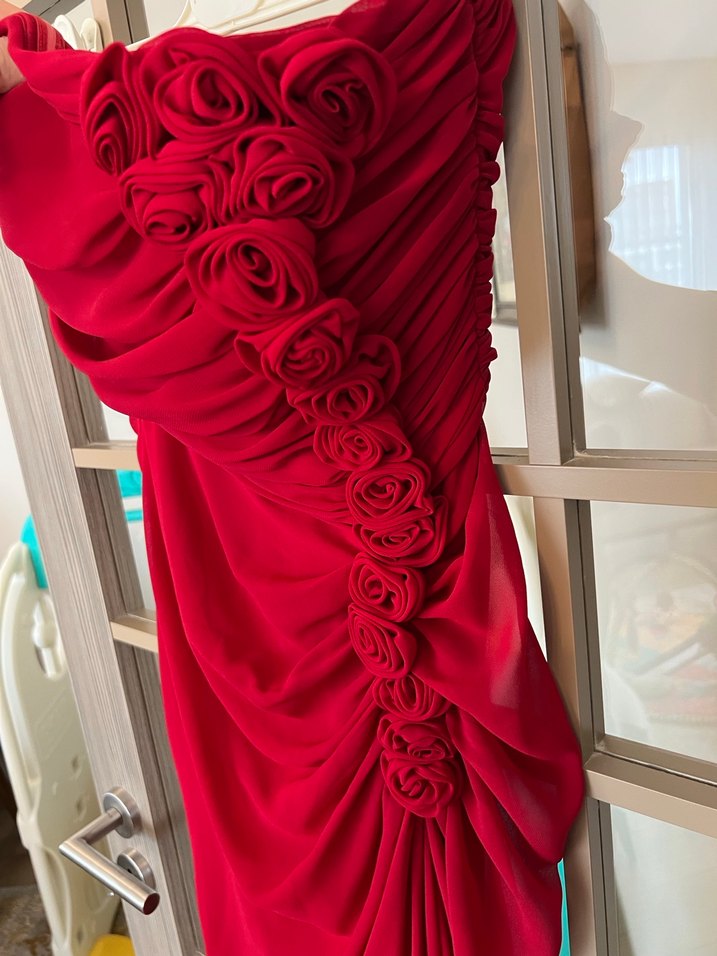 Kırmızı Drapeli Straplez Uzun Abiye Elbise - Görsel 2