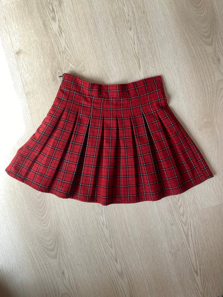 Kırmızı Pileli Mini Etek - Görsel 2